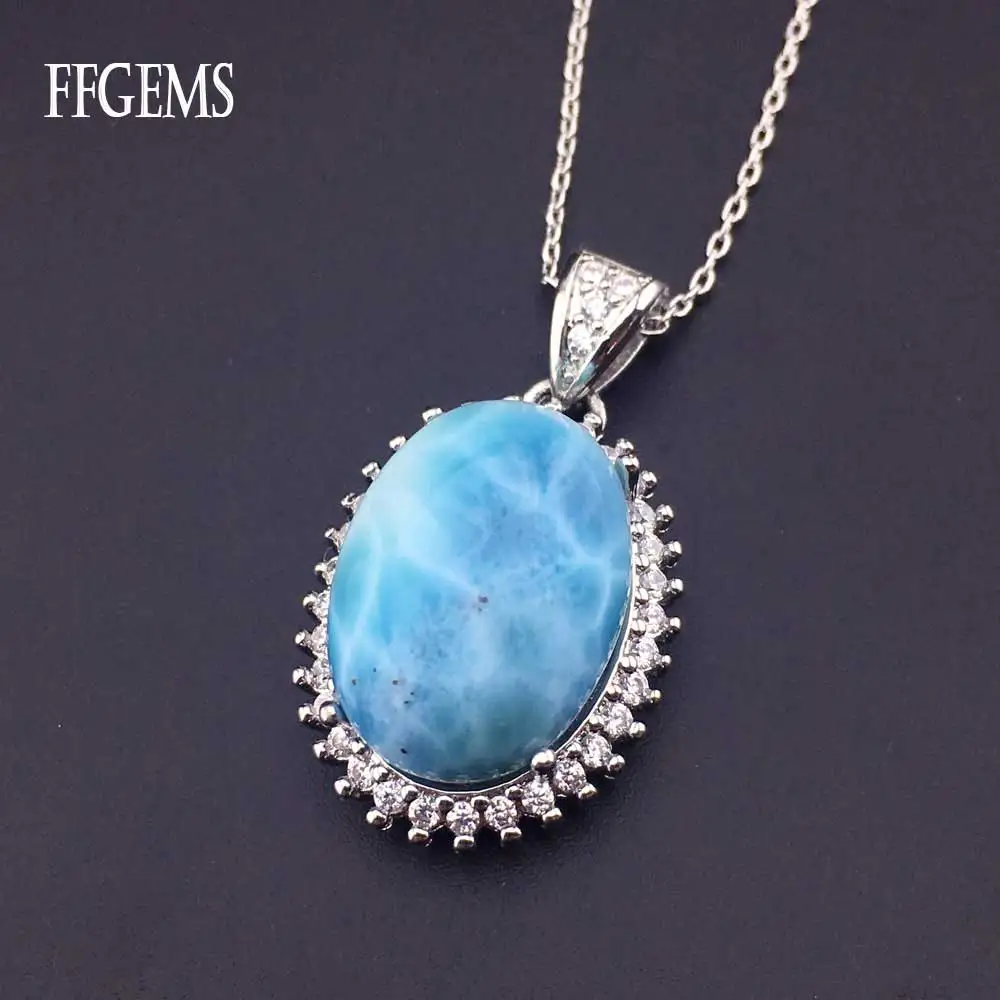 

FFGems Natural Larimar big Oval blue gemstone special Silver Pendant Necklace white Gold Women Fine Jewelry Party Wedding Gift