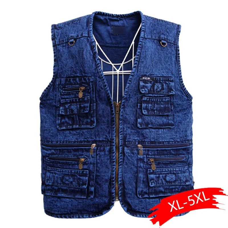

Men's Vest Outerwear Denim Waistcoat Deep Blue Color Plus Size Sleeveless Jacket Multi-pocket Size XL To 5XL Large