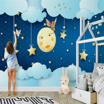 

Custom large mural 3D wallpaper Cartoon Cute moon cloud stars baby bedroom mural TV back wall decor deep 5D embossed