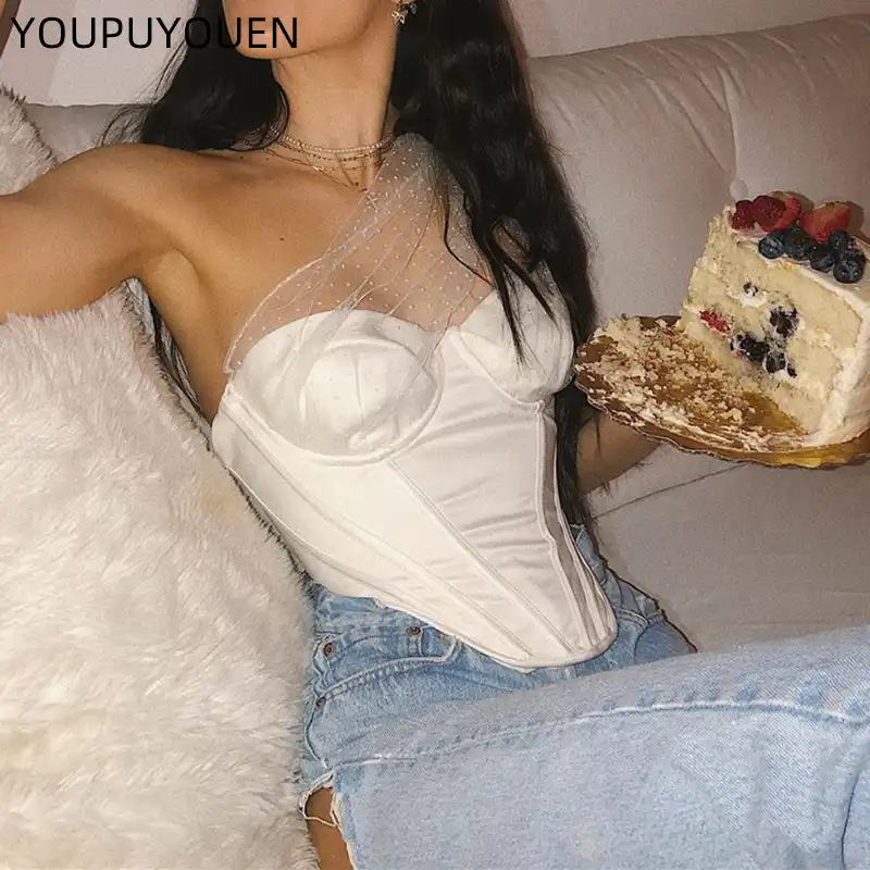 Femmes Nouvelle Mode Dos Nu Une Epaule Maille A Pois Corset Haut Court Ete Sexy Sans Bretelles Arete De Poisson Bustier Basique Debardeur Aliexpress