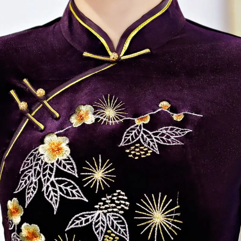 Китайский традиционный осенний стиль Cheongsam велюровый Cheongsam лаконичный элегантный Cheongsam три четверти рукав короткий Qipao
