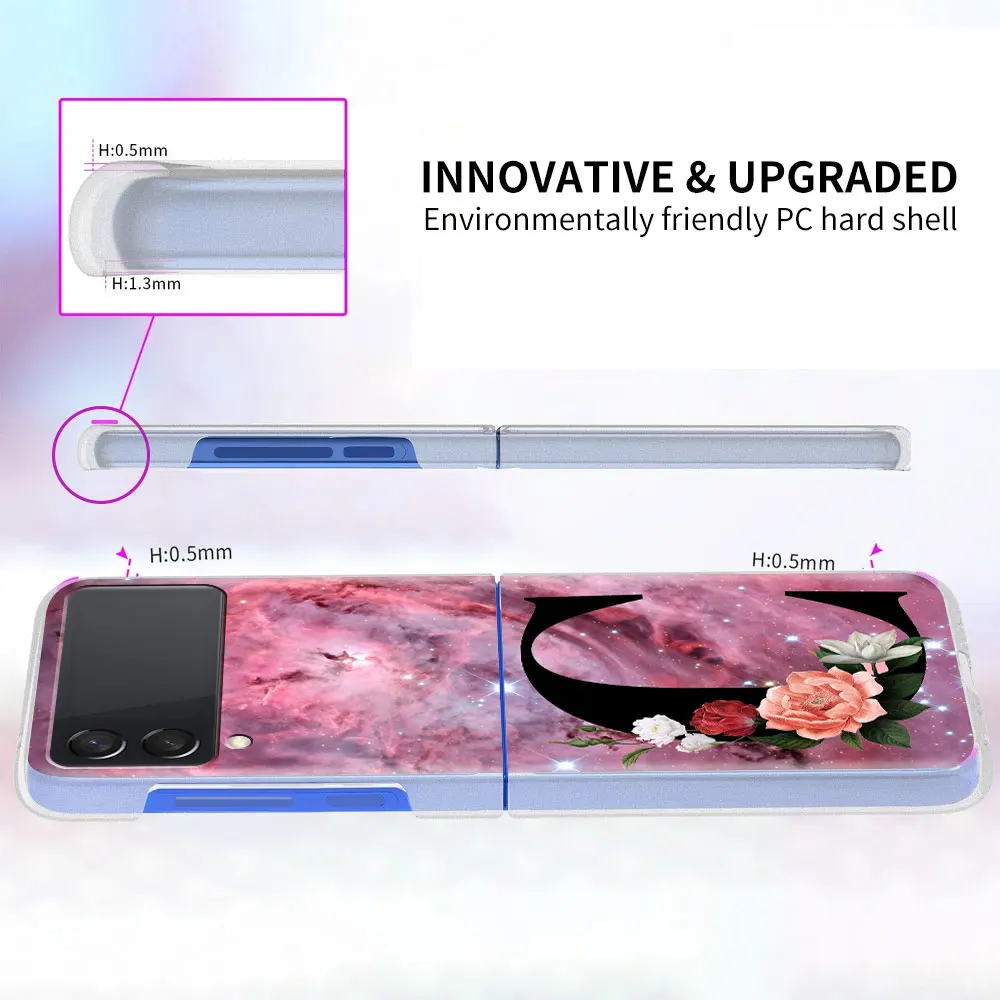 Letter A B Flowers Pink Case For Samsung Galaxy Z Flip 3 5G Transparent Hard Cell Phone Cover ZFlip3 Clear PC Luxury Fundas