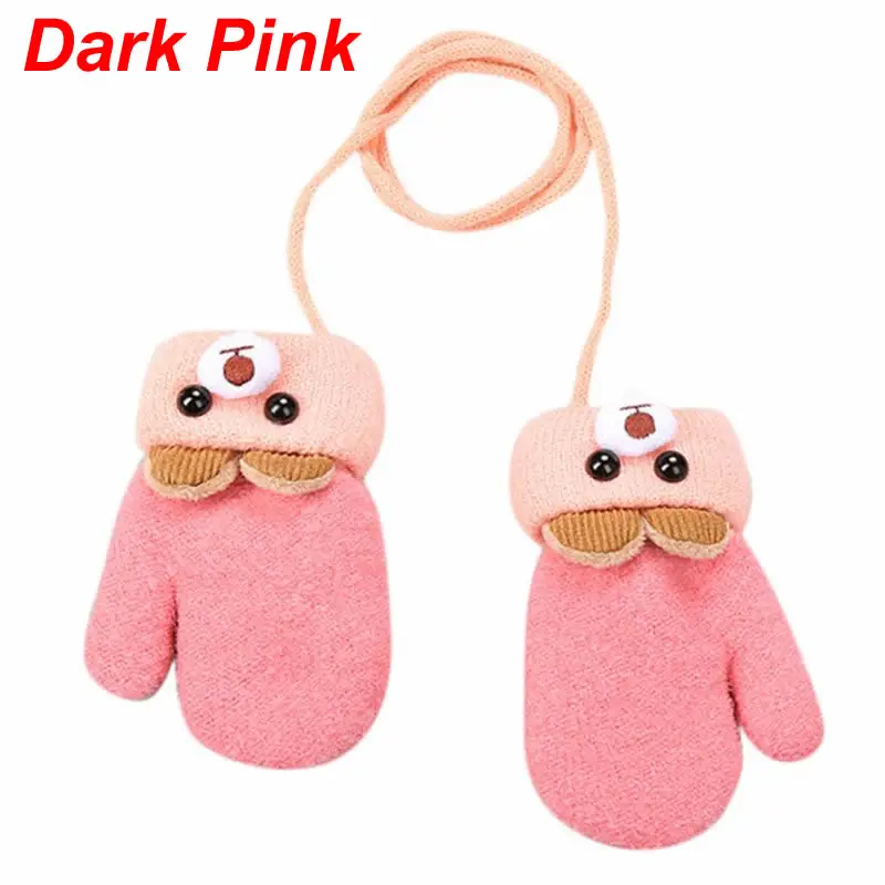 Dark Pink Зимние вязаные перчатки для маленьких мальчиков и девочек возрастом от 0 до 3 лет толстые теплые детские рукавицы на веревочке с длинными пальцами для малышей, висящие на шее перчатки - Цвет: Dark Pink