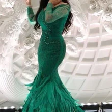 Сексуальные О-образным вырезом черные кружевные бисерные Блестки Русалка с длинным рукавом платья с перьями для выпускного вечера