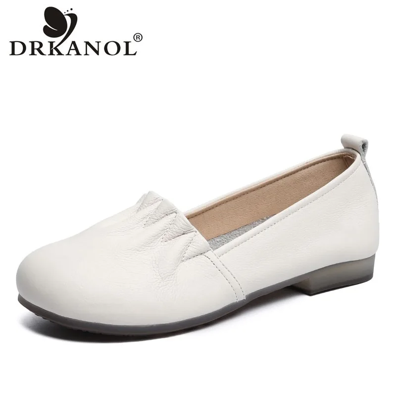 

DRKANOL Women Flat Shoes Spring Summer Slip On Casual Loafers Female 100% Genuine Leather Shallow Round Toe Pleated Single Shoes