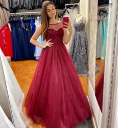 Lorie 2020 High Quality Red Wine Evening Dress O-neck A-line Prom Dresses Tulle with Pearls Formal Gowns Women Party Dress