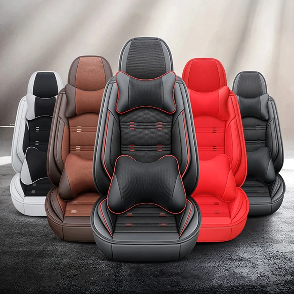 6D Full Surrounded Car Seat Covers Cushion Set Durable PU Leather Black &  Red