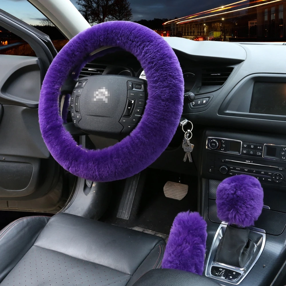 Purple Чехол рулевого колеса автомобиля переключения передач ручной тормоз крышка протектор украшения теплый шерстяной комплект ручного тормоза аксессуары для салона автомобиля - Название цвета: Purple