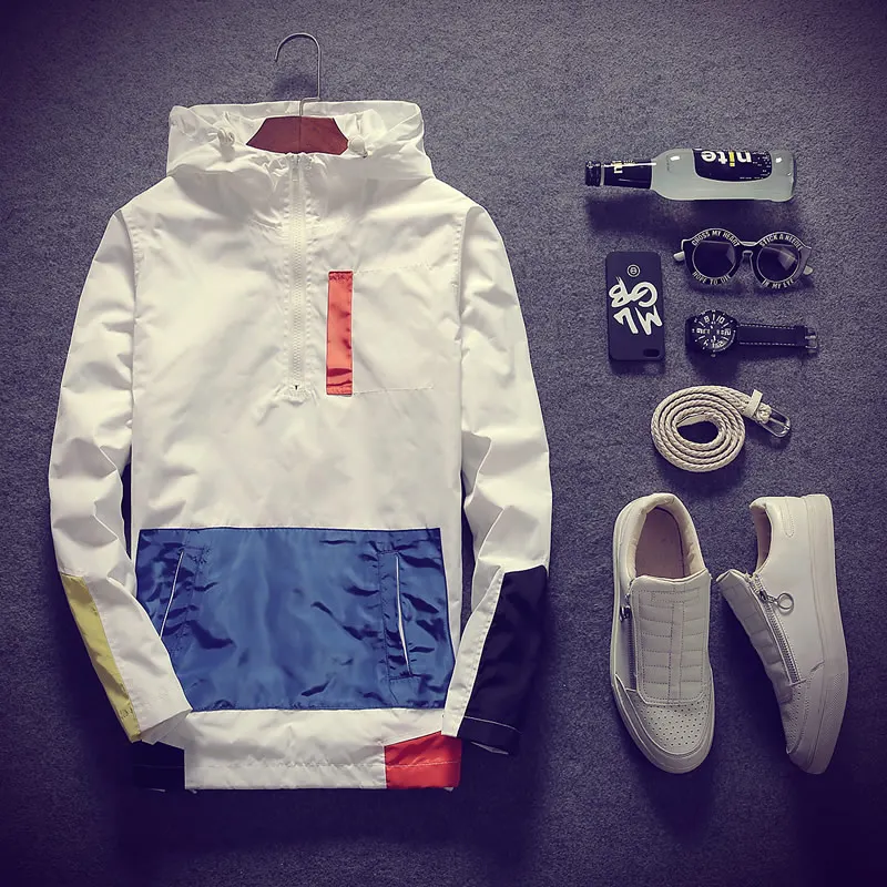 Popular Hooded Jackets Men New Patchwork Color Block Pullover Jacket Fashion Tracksuit Coat Men Hip Hop Streetwear Jacket Men