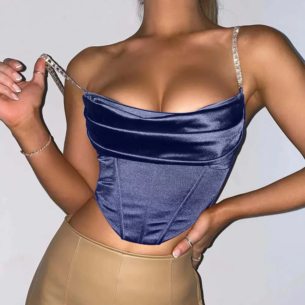 Townlike Stretch Satin Diamond Chain Sling Slim Fit Corset Sexy Crop Top Women Short Corset Top Female 2020 Summer Mujer half camisole Tanks & Camis