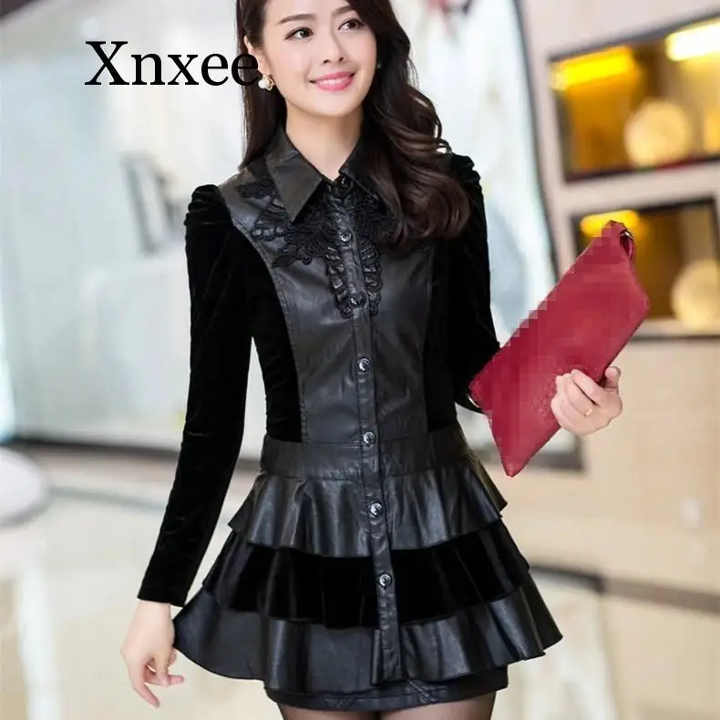 

elegant 4Xl Autumn Winter Pu Leather Black Jacket Women Long-Sleeve Thin Long Outerwear Casual Turn-Down Collar Slim Coat
