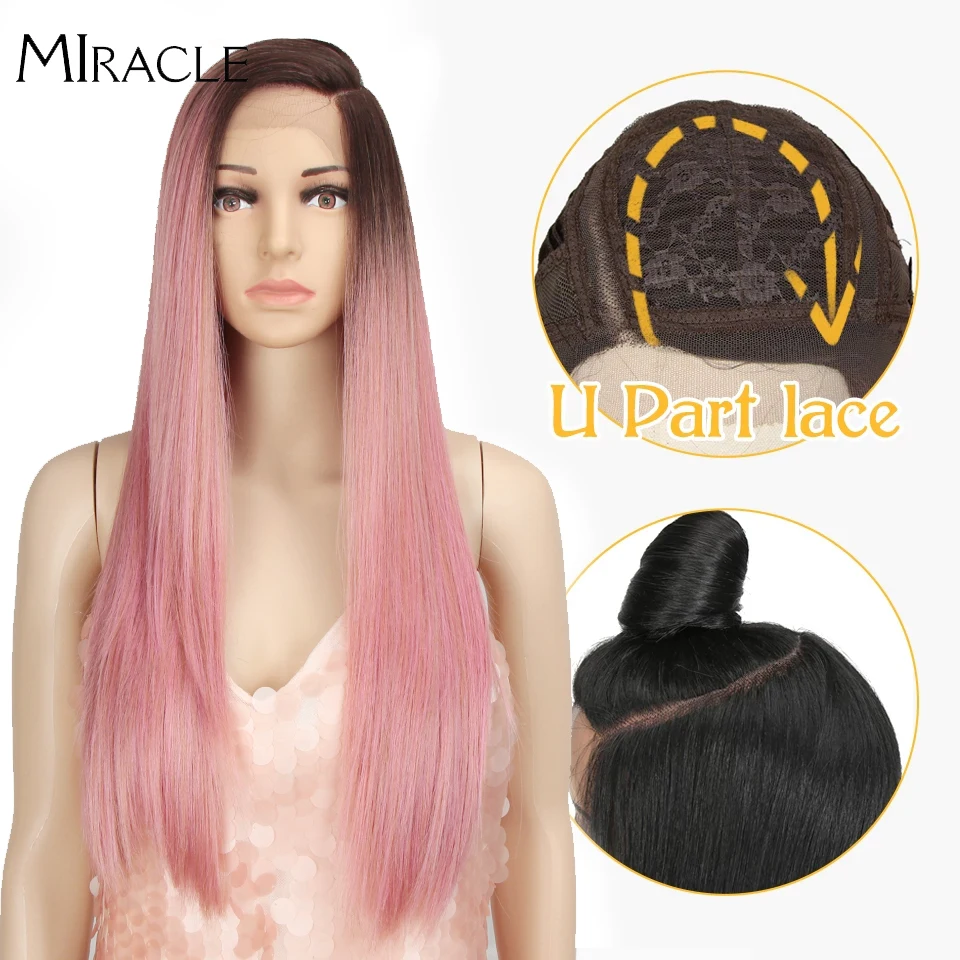 

Miracle Synthetic Long Straight Lace Front Wigs For Women 30Inches Pink Synthetic Wig Ombre Cosplay Wig Heat Resistant Fiber