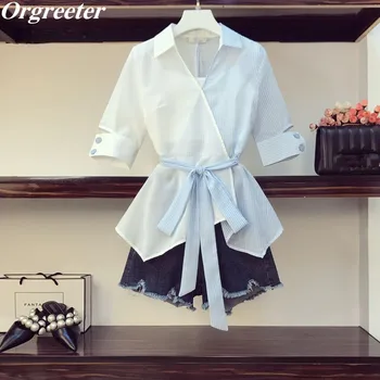 

2020 Summer New Fashion Striped Patchwork Sashes Bow Irregular Lapel Shirt amd High Waist Tassel Denim Shorts 2Pcs Set Women