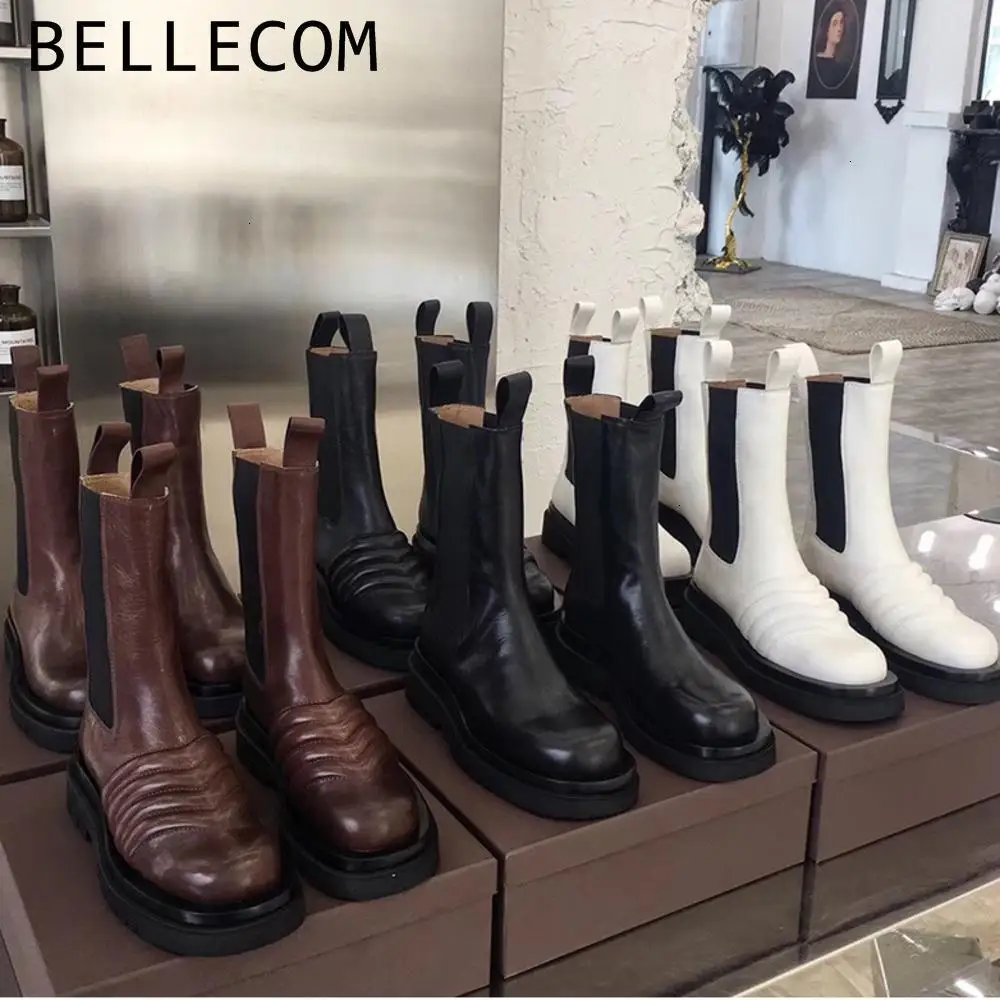 

BELLECOM Boots Wave Thick Base Of Grain In Boots Genuine Leather Muffin Bottom Boots Martin Boots Woman zapatos de mujer shoes
