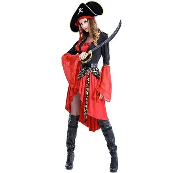 

Halloween Performance Clothing Women Pirate Cosplay Costumes Sexy Black Yellow Asymmetrical Dress with Hat Medieval Costume