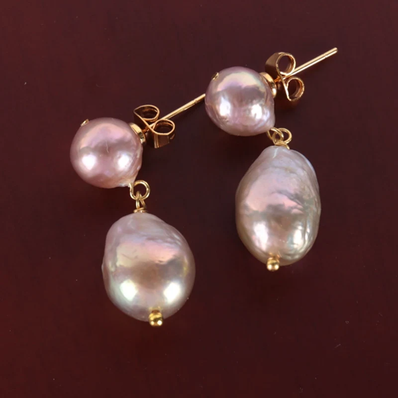 Natural pink baroque pearl Earring 18k Ear Drop Jewelry Women Hook Cultured 
