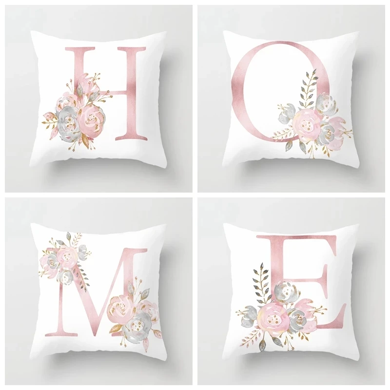 A/B/C-P Kids Room Decoration Letter Pillow Case English Alphabet Polyester Cushion Cover for Sofa Home Decor Flower Pillowcase