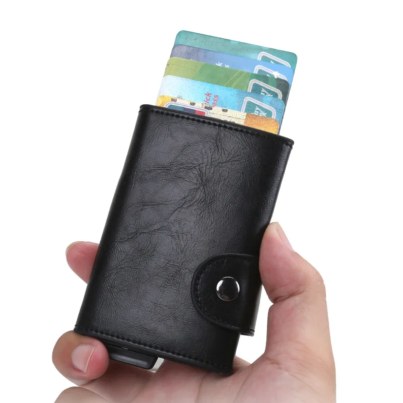 

2019 New Aluminium Alloy Credit Card Holder Wallet Antitheft Men PU Leather Wallets Automatic Pop Up Card Case Metal Card Holder