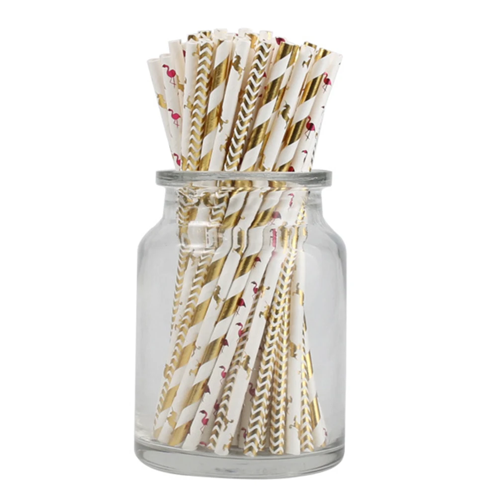 25Pcs Stripe Heart Flamingo Print Disposable Drinking Paper Straws Party Decor