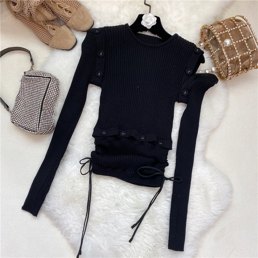 

2020 Spring Removable Button Sleeves Ribbed Knit Top Women's Stretch Sweater Pullover Bodycon Tops Skinny Shirt Jumper Femme