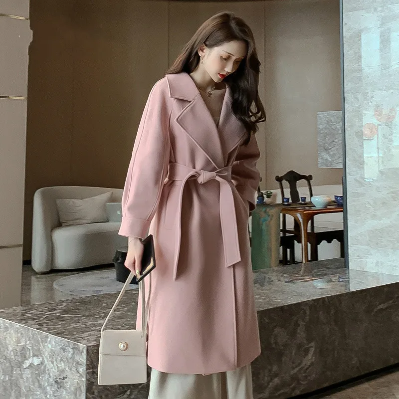 Винтажное шерстяное пальто с отложным воротником, женское тонкое с поясом, длинные шерстяные куртки, женская розовая верхняя одежда в Корейском стиле, Casaco Feminino