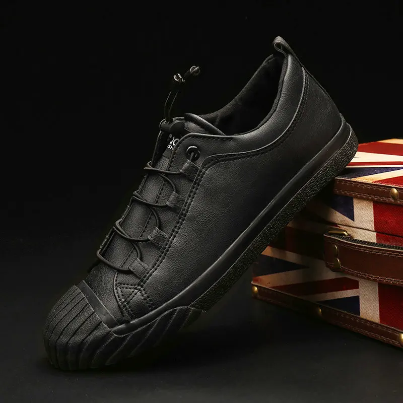 Модная мужская повседневная обувь черного цвета; кожаные кроссовки; мужская обувь на плоской подошве; Вулканизированная обувь; Zapatos De Hombre; Цвет Черный; Zapatillas A11-69