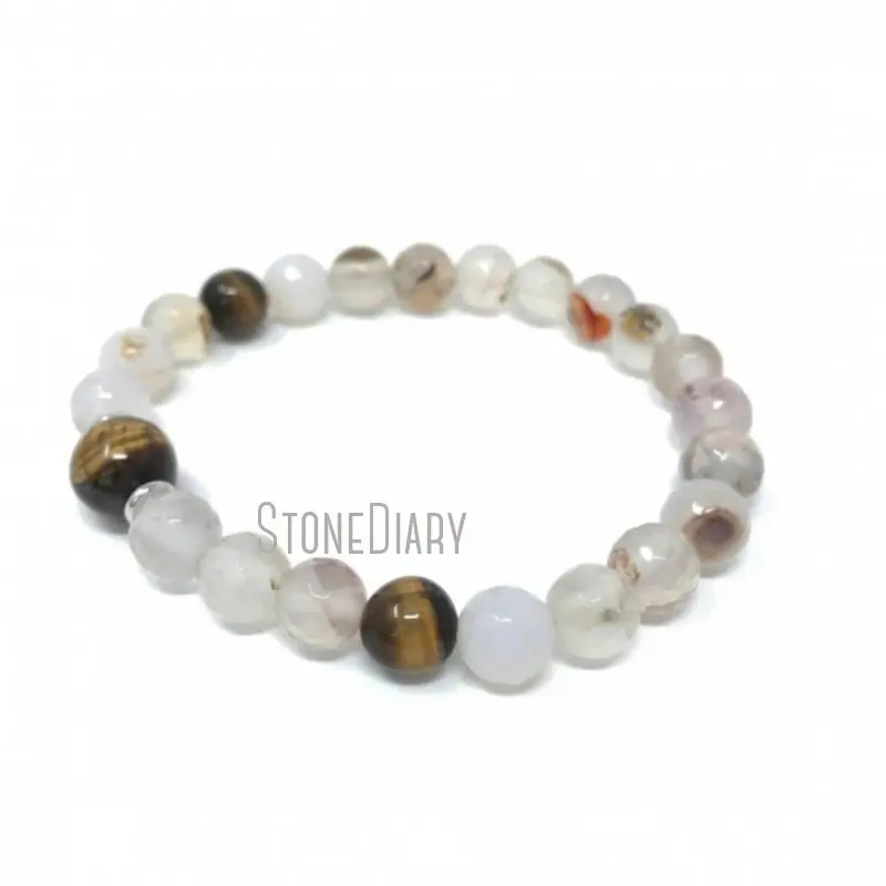 

WMB39923 White Agate And Tiger Eye Bracelet Natural Boho Chic Bracelet To Match Your Mala Beads Yoga Tiger Eye Bracelet