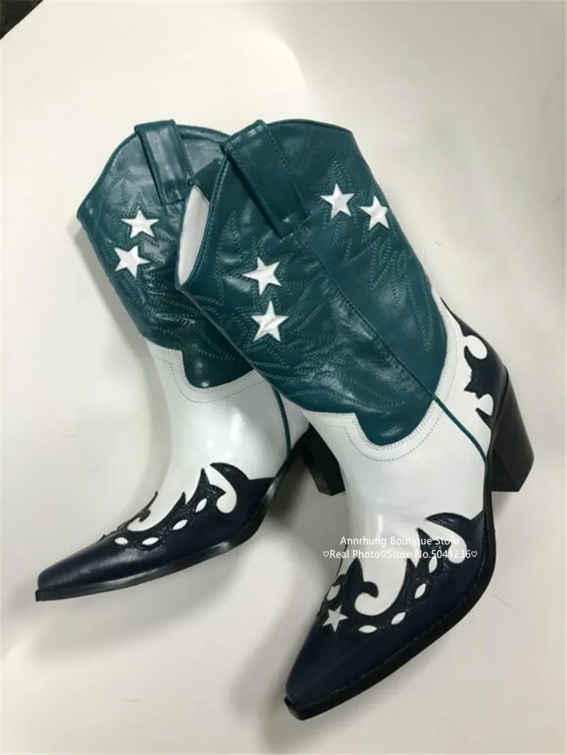 Mixed Color Patchwork Boots Women Sewing Star Catwalk Mid-Calf Boots Fashion Pointed Toe Flame Cut Western Booties Botas