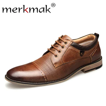

Merkmak Genuine Leather Men Dress Shoes Man Business Spring Autumn Male Lace-up Casual Men's Shoes Formal Big size 40-50 Flat