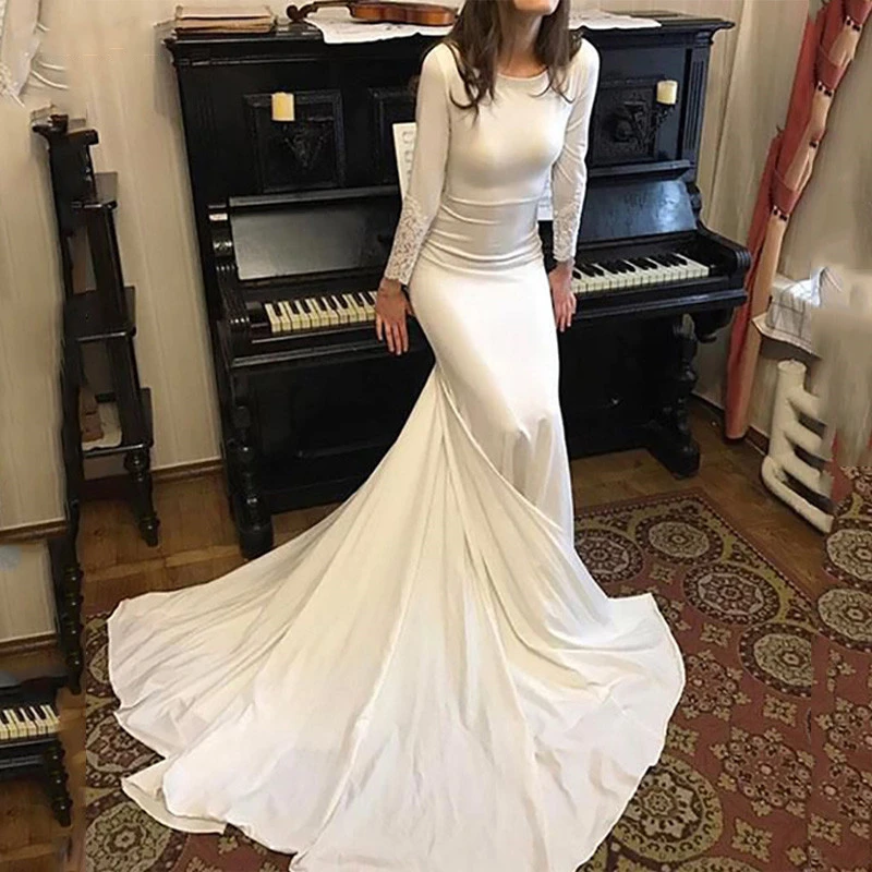 ささやかなデザインシンプルなマーメイドウェディングドレス長袖ドバイ結婚式の花嫁ドレスソフトサテンジュエルカスタマイズのウェディングドレス Wedding Dresses Aliexpress