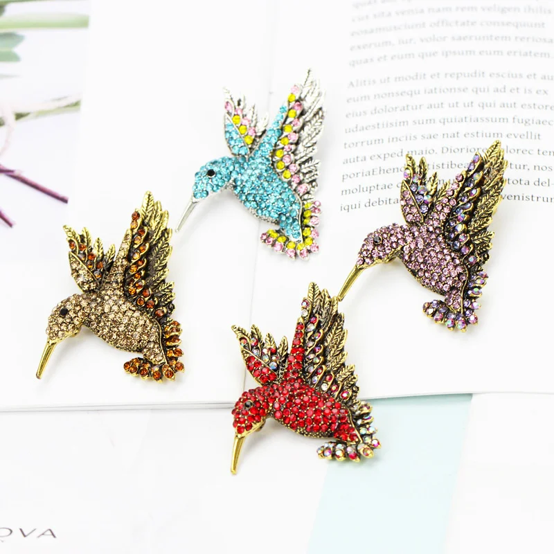 Red &amp Pink Blue Rhinestone Hummingbird Brooches Men Women Vintage Animal Pins Gifts High-end dress pins | Дом и сад