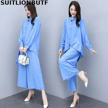 

2020 Spring Cotton And Linen 2 Piece Set Women Irregular Hem Long Blouse Elastic Waist Wide Leg Pants Ropa Mujer Ensemble Femme