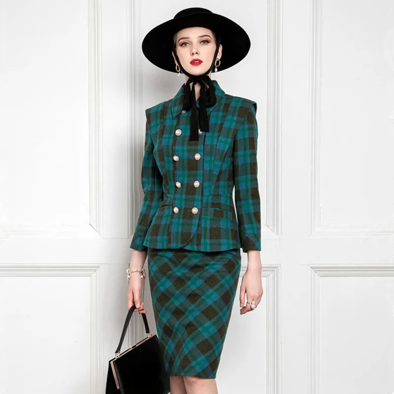 

Vintage Retro Plaid Blazer Set Double Breasted Jacket & Pencil Skirt 2 Two Piece Skirt Suit Female Office Ladies Green Clothes