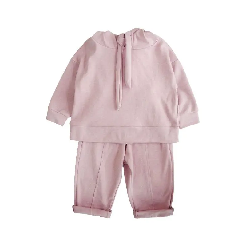 Children's Girls Clothes Set Long Sleeved Trousers Girls Solid Color Cotton Hooded Frenulum Sweater Pants Spring And Autumn - Цвет: Черный