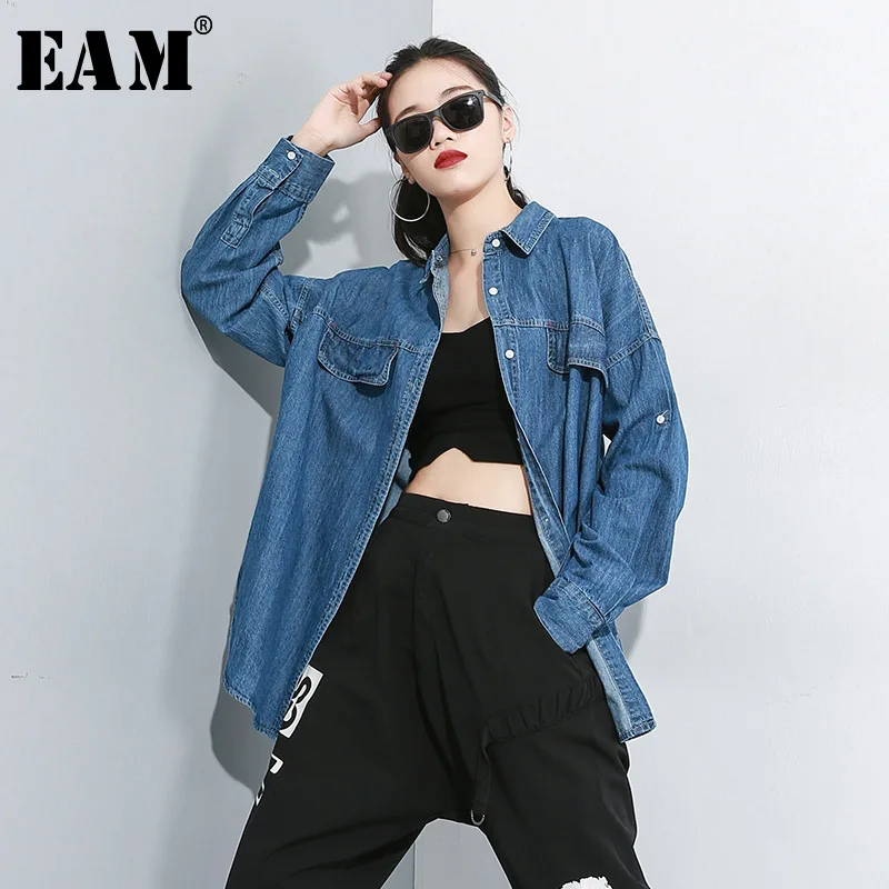 

[EAM] Loose Fit Blue Denim Big Size Asymmetrical Jacket New Lapel Long Sleeve Women Coat Fashion Tide Autumn Winter 2019 JZ491