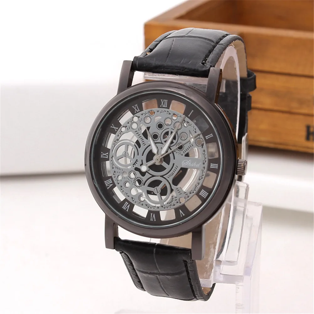 Fashion Business Watch Women Engrave Skeleton Hollow Reloj Hombre Dress Quartz Wristwatch Leather Band Women Clock Men Watches - Цвет: gun black