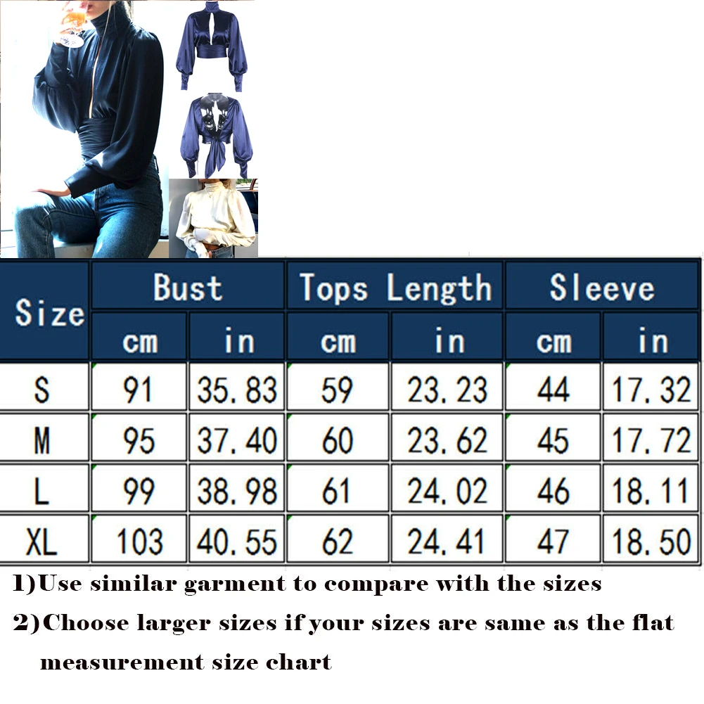 Women Blue Open Back Sexy OL Work Sexy Satin Puff Sleeve High Neck Backless Tie Blouse Party Shirt Tops Crop Top 2 Colors