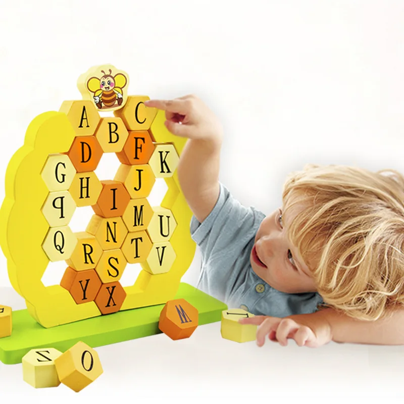 

Bees stack high push wall pumping early education English alphabet cognitive wooden blocks interactive table game children's toy