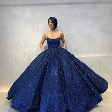 Темно-синие, темно-синие вечерние платья, бальное платье, блестящие, на тонких бретелях, пушистые платья для выпускного вечера, Дубай, женское платье, праздничное платье