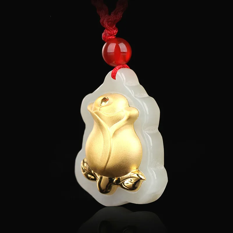 Natural Chinese Hetian White Jade Mosaic Gold Pendant Rose Beautiful Jewelry Necklace Carved Fashion for Women Charm Amulet Gift