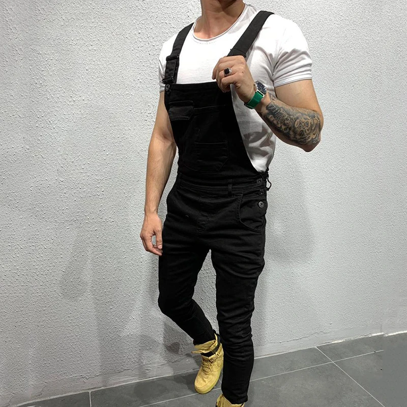 black Модные мужские рваные джинсы Комбинезоны High Street Distressed Denim bib Комбинезоны для мужчин брюки на подтяжках Размер S-XXL - Цвет: black