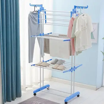 

Three-layer Double-Pole Drying Rack Folding Four-Corner Supporting Rollers To Move Foldable Stainless Steel Clothes Hanger