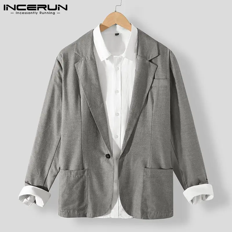 INCERUN Men Blazers Suits Streetwear Long-Sleeve One-Button Vintage Solid-Color Casual