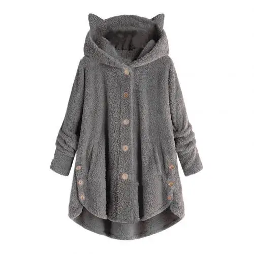 Темно-серый Cute Women Winter Cute Cats Ears Hooded Irregular Hem Buttons Jacket Fleece Coats Outerwear Women chaqueta mujer - Цвет: Темно-серый