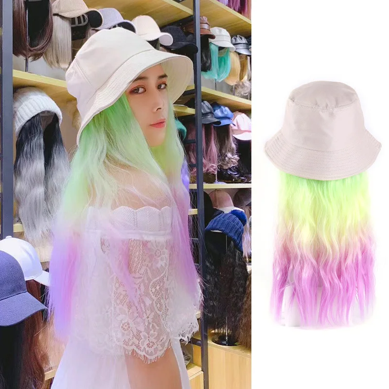 

Fashion New Long Curly/Straight Wig with Elastic Knit Hat Wigs Heat Resistant Synthetic Natural Fake Hair Wigs for Women