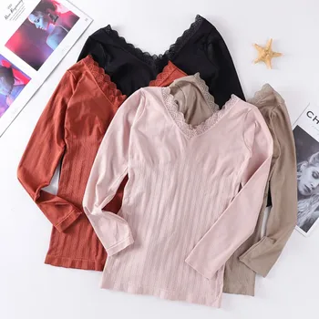 

Women's Slim Thermal Winter Underwear Base T-shirt Thin Lace Side V-neck Seamless Body Long-sleeved Thermal Underwear Top