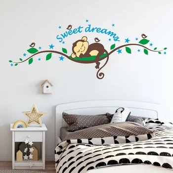 

Sleeping Monkey on the Tree Branch Wall Stickers for Kids Room Sweet Dream Wall Decals Baby Nursey Room Decoration PVC Stickers