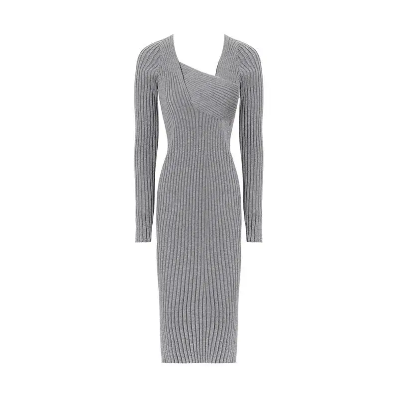 

Grey knitted dress 2020 new autumn winter irregular cross slim hairy dress