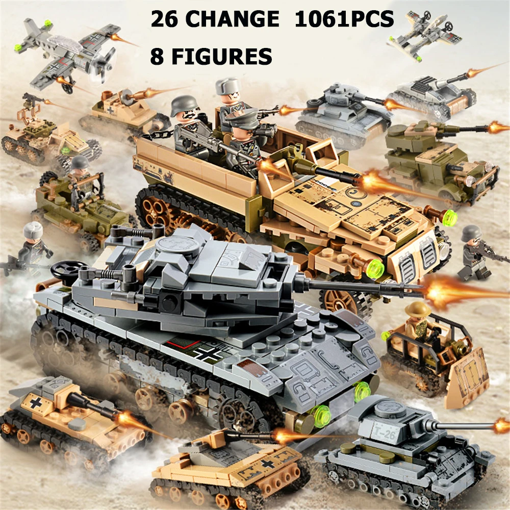 Ceny 1061 sztuk Tank Building Blocks zabawki helikoptery Minifigure pojazd samolot chłopiec klocek edukacyjny wojskowy kompatybilny LegoED cegły