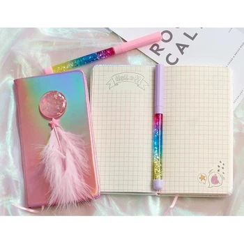 

1PC Cute Pink Feather Cartoon Creative Good Quality Writing Notebook Set Notepad with Pen for Home Office School